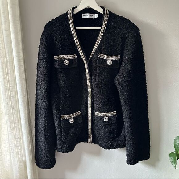 SELF-PORTRAIT Black Tape Knit Crystal-Embellished Bouclé Cardigan - Picture 2 of 13